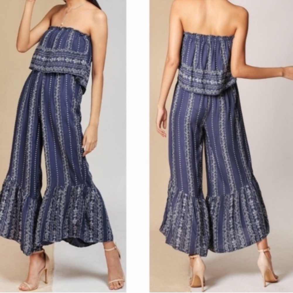 Japna Wide Leg Romper Women's Blue Flare Strapless Smocked Jumpsuit
